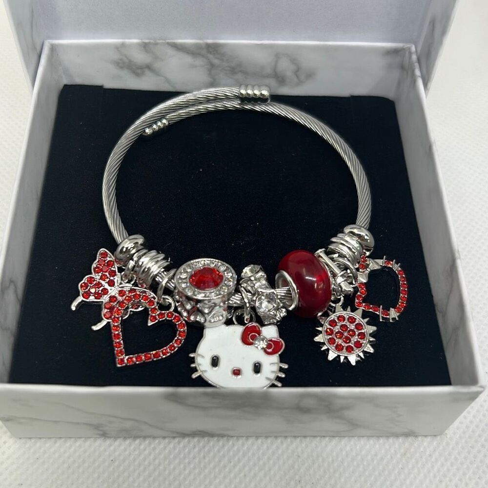 🎀 Hello Kitty Charm Bracelet | Red Rhinestone | Silver-Tone | Adjustable 🎀